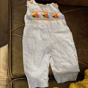 Charming Thanksgiving turkey smocked Blue and White Romper